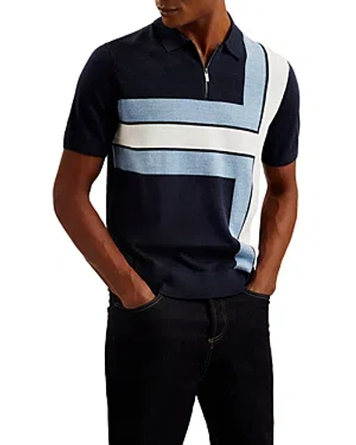 Shop Ted Baker Color Block Short Sleeve Zipper Polo Sweater In Navy