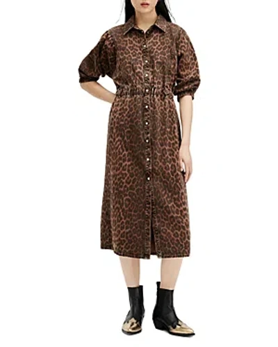 Shop Allsaints Osa Leopard Denim Shirt Dress In Animal Brown