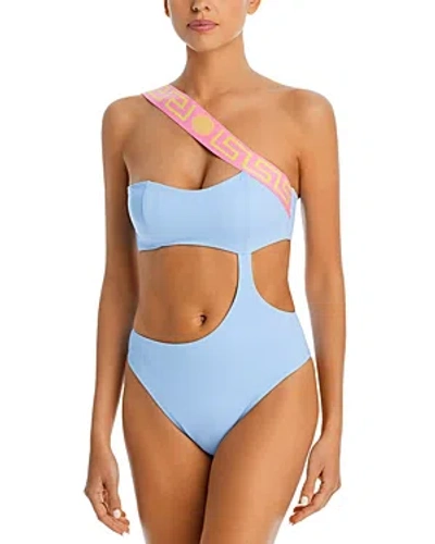 Shop Versace Cutout One Shoulder One Piece Swimsuit In Pastel Blue