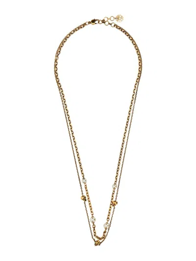 Shop Alexander Mcqueen Skull Necklace With Pearls In Gold