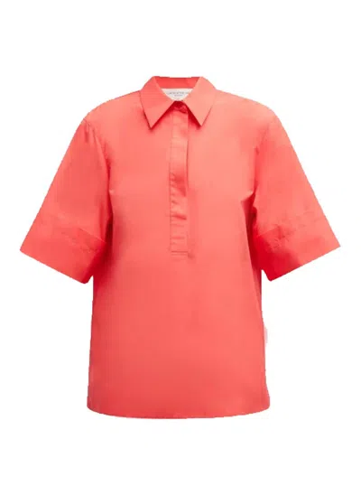 Shop Lafayette 148 Elbow-sleeve Cotton Camp Shirt In Poppy In Pink