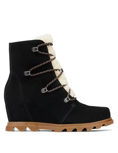 Shop Sorel Joan Of Arctic Wedge Iii Lace Cozy Boots In Black, Sea Salt