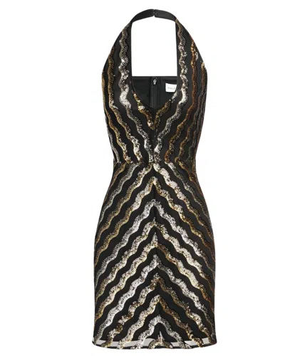 Shop Halston Heritage Nidya Halter Dress In Black/gold Wavy Sequin