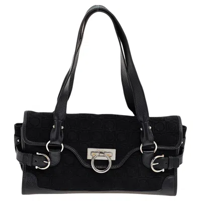 Shop Ferragamo Gancini Velvet And Leather Shoulder Bag In Black