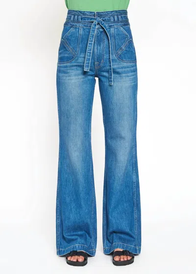 Shop Noend Bella Seamed Pocket Flare Jean In Blue Wash