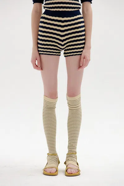 Shop Eenk Sies Textured Knit Shorts In Beige/navy Stripe