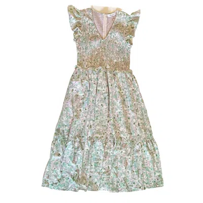Shop Moodie Floral Smocked Dress In Green In Silver