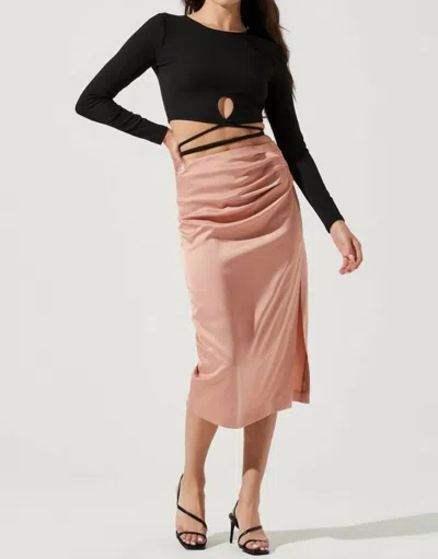 Shop Astr Perry Ruched Side Slit Midi Skirt In Blush Pink