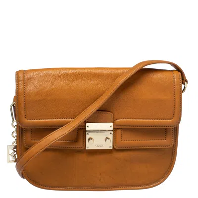 Shop Dkny Tan Leather Push Lock Shoulder Bag In Multi