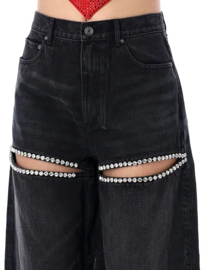 Shop Area Wide Leg Crystal Slit Jeans In Black
