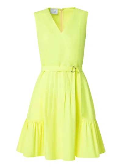 Shop Akris Punto V-neck Cotton Poplin Pleated Dress In Yellow In Green