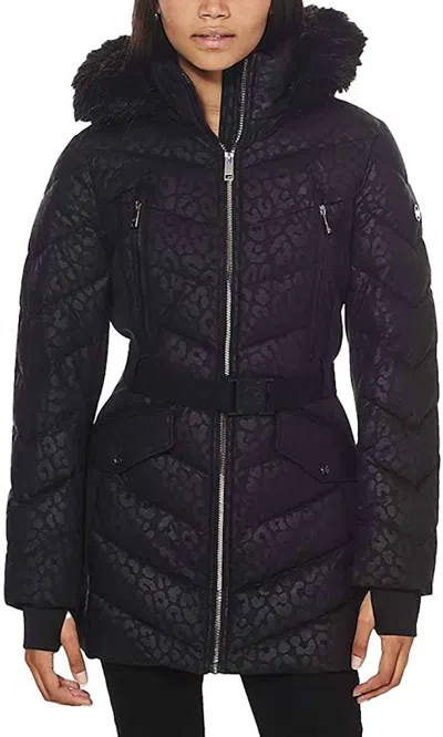 Michael Kors Logo Leopard Belted Hooded Down Puffer Coat In Black In Blue