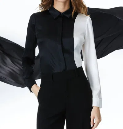 Shop Alice And Olivia Willa Stretch Silk Color Block Long Sleeve Shirt In Black/white