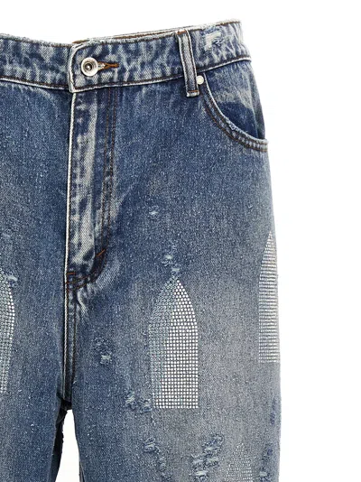 Shop Who Decides War Rhinestone Washed Denim Jeans Light Blue