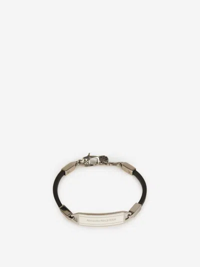 Shop Alexander Mcqueen Logo Plate Bracelet In Silver And Black
