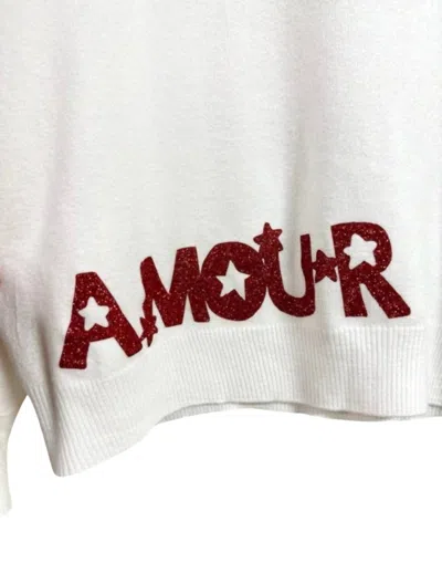 Shop Venti6 V-neck L/s Heart Amour Shimmer Sweater In White/red