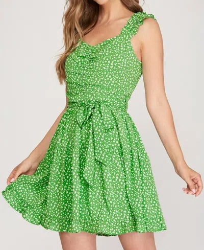 She + Sky Ruffle Sleeve Dress With Waist Sash In Green