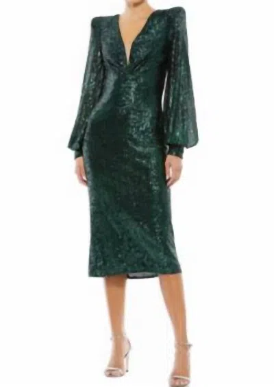 Shop Mac Duggal Sequin Sleeved Dress In Black Emerald In Green