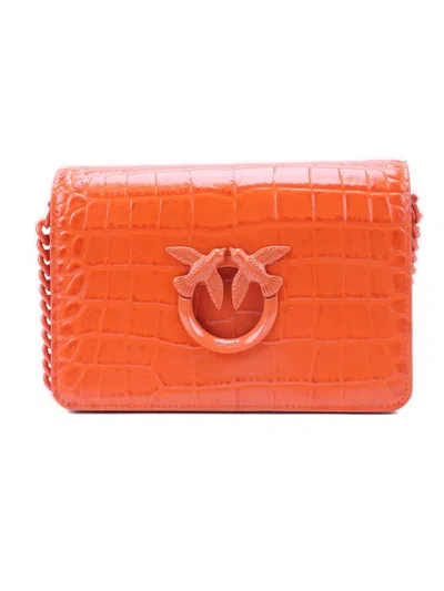 Shop Pinko Glossy Embossed Mini Lover Click Shoulder Bag In Orange