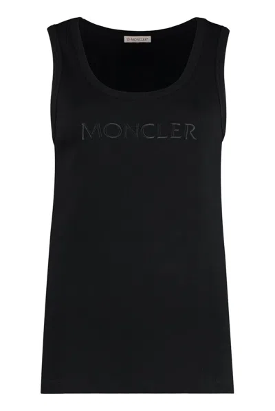 Shop Moncler Logo Embroidered Ribbed Tank Top In Black