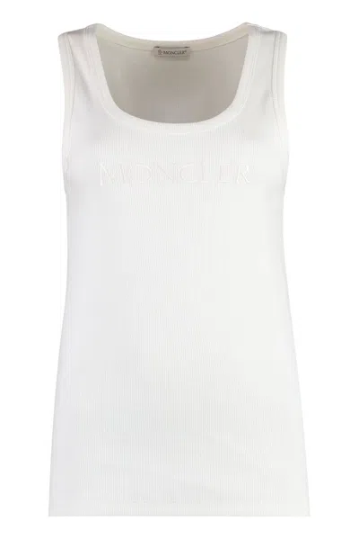 Shop Moncler Logo Embroidered Ribbed Tank Top In White