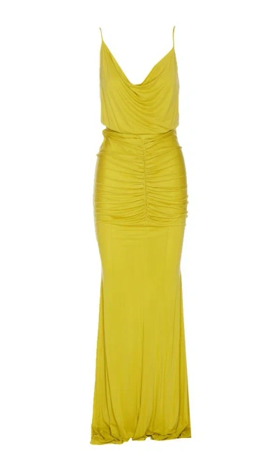 Shop Elisabetta Franchi Draped Gathered Sleeveless Dress In Yellow