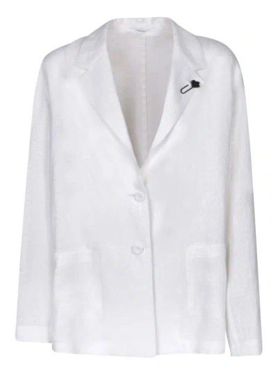 Shop Lardini White Linen Lurex Overshirt With Brooch Detail