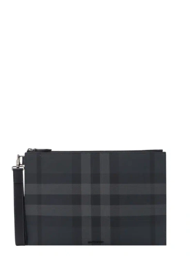 Shop Burberry Coated Canvas Clutch With Check Motif In Black