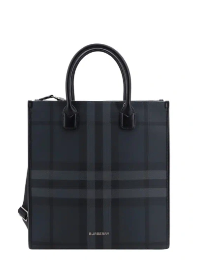 Shop Burberry Coated Canvas Handbag With Check Motif In Black