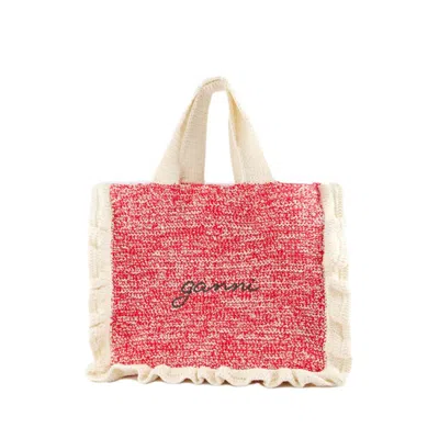 Shop Ganni Crochet Frill Shopper Bag - Cotton - Pink In Burgundy