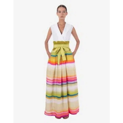 Shop Sara Roka Aretty Shirt Style Multi Stripe Long Dress Col: White Multi,