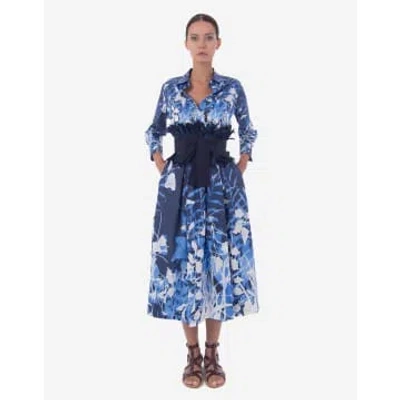 Shop Sara Roka Elenat Abstract Floral Midi Dress With Belt Col: 190 Blue/wh