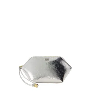 Shop Ganni Bou Zipped Clutch - Synthetic Leather - Silver In White