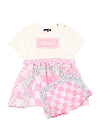 Shop Versace Baby Girl's Logo T-shirt Dress & Bloomers Set In White Pastel Pink