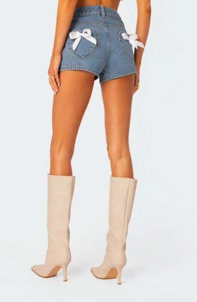 Edikted Bow Pocket High Waist Denim Shorts In Blue-washed