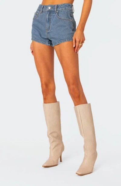 Edikted Bow Pocket High Waist Denim Shorts In Blue-washed