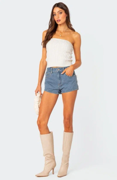 Shop Edikted Bow Pocket High Waist Denim Shorts In Blue-washed