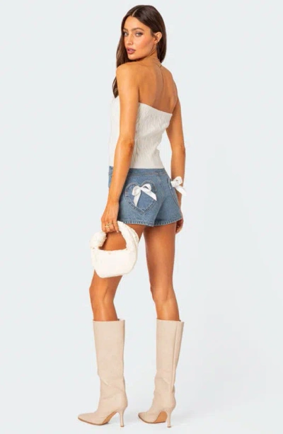 Edikted Bow Pocket High Waist Denim Shorts In Blue-washed