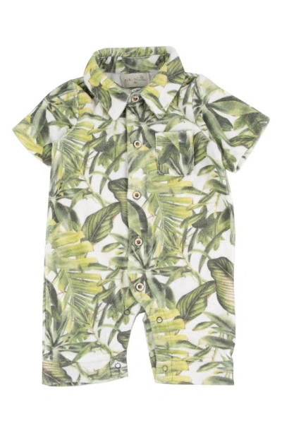 Shop Miki Miette Thomas Leaf Print Short Sleeve Button-up Romper In Cocoa Beach