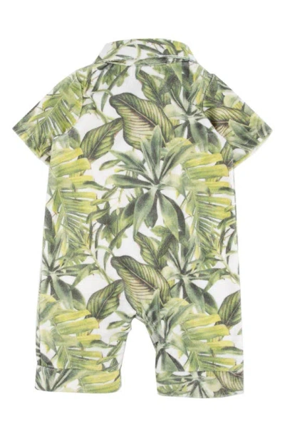 Shop Miki Miette Thomas Leaf Print Short Sleeve Button-up Romper In Cocoa Beach