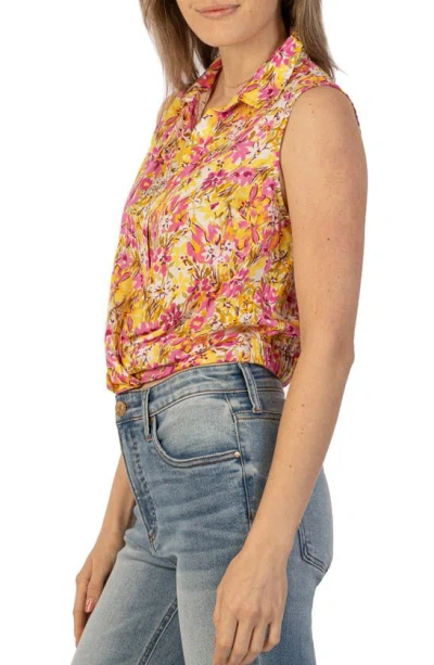 Kut From The Kloth Renata Floral Front Twist Sleeveless Button-up Top In Cordoba-pink/ Yo