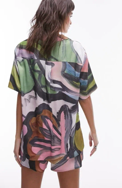 Shop Topshop Oversize Abstract Print Satin Shirt In Purple Multi