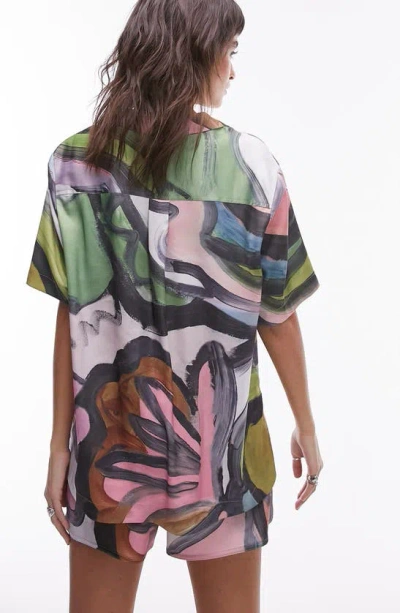 Topshop Oversize Abstract Print Satin Shirt In Purple Multi