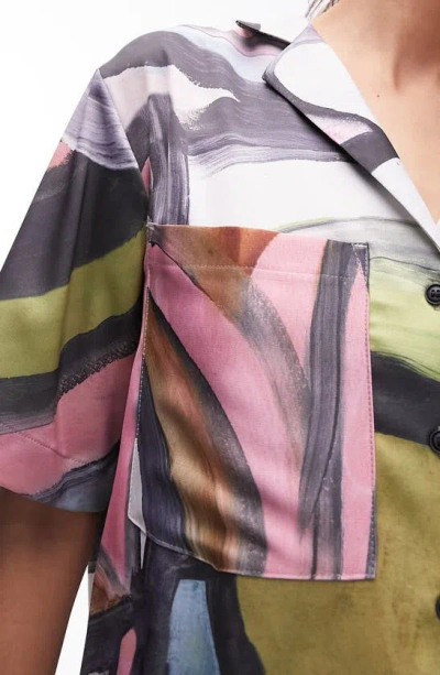 Topshop Oversize Abstract Print Satin Shirt In Purple Multi
