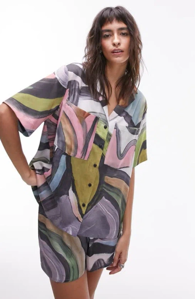 Topshop Oversize Abstract Print Satin Shirt In Purple Multi