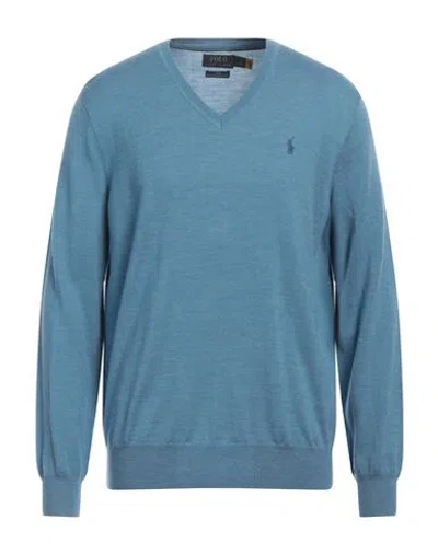 Shop Polo Ralph Lauren Slim Fit Washable Wool V-neck Sweater Man Sweater Azure Size L Merino Wool In Blue