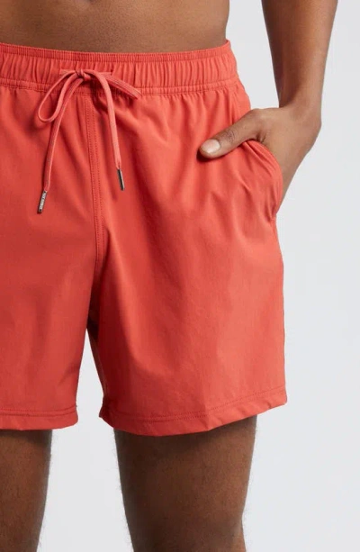 Fair Harbor The Bungalow Leaf Print Swim Trunks In Baked Apple
