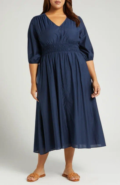 Shop Nordstrom Smocked Waist Cotton & Silk Midi Dress In Navy Blazer