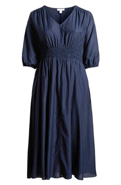 Shop Nordstrom Smocked Waist Cotton & Silk Midi Dress In Navy Blazer