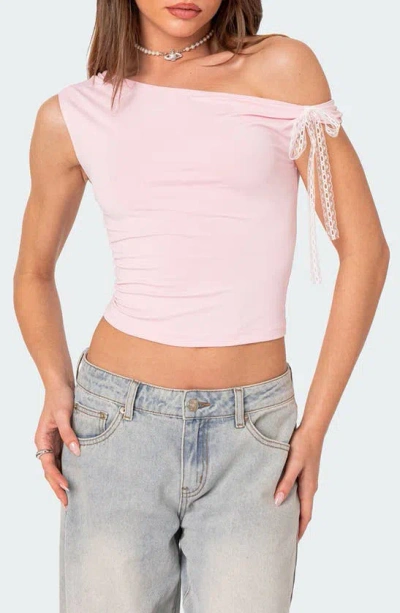 Shop Edikted Lace Bow One-shoulder Top In Pink